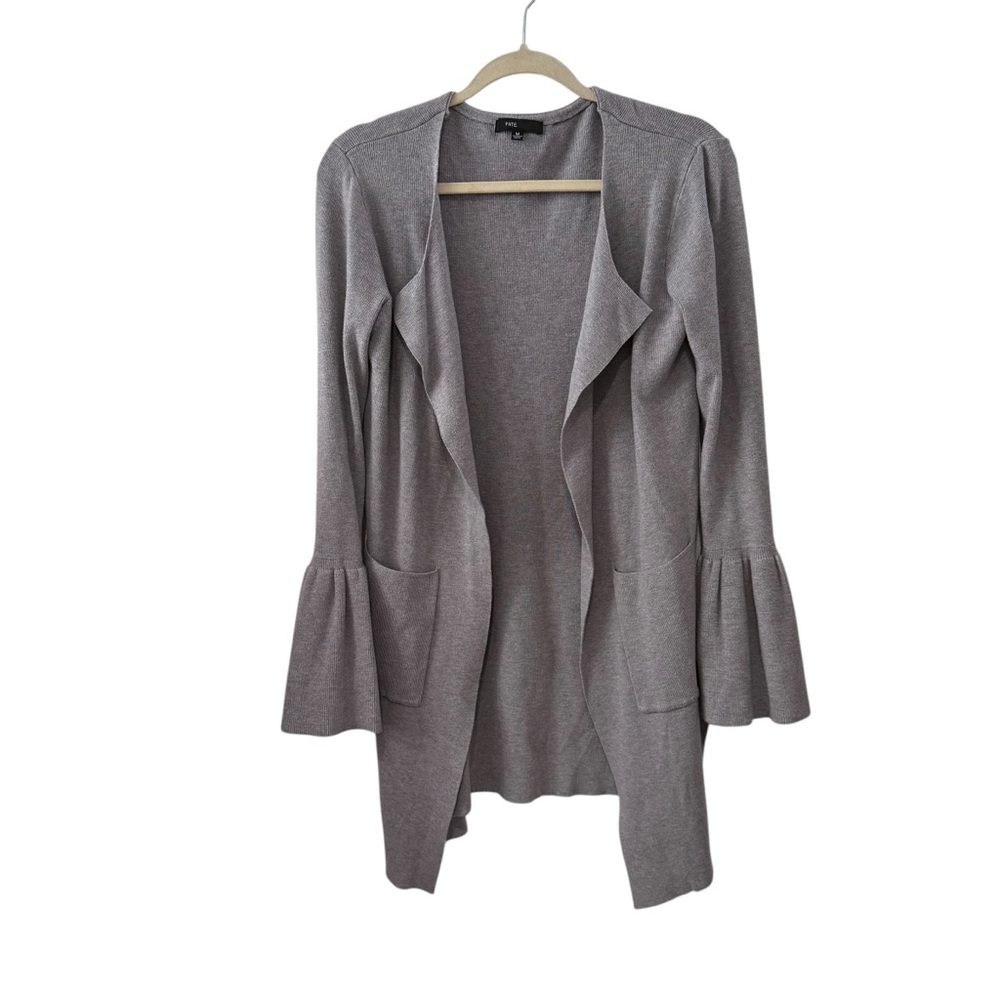 Fate Medium Gray Longline Open Front Cardigan Bell Sleeve Knit Pockets